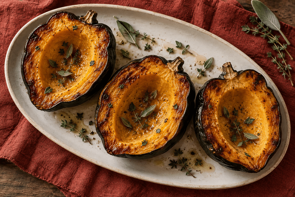 Roasted acorn squash halves with browned edges and herbs on an ivory platter