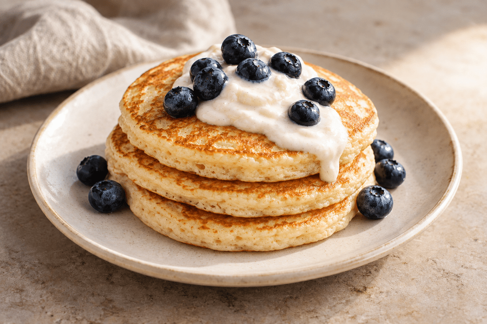 Light golden lemon ricotta pancakes with vanilla ricotta sauce and blueberries