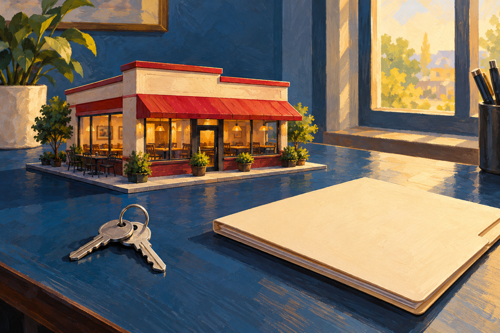 Conceptual illustration of a generic restaurant model, keys and a closed folder on a blue desk