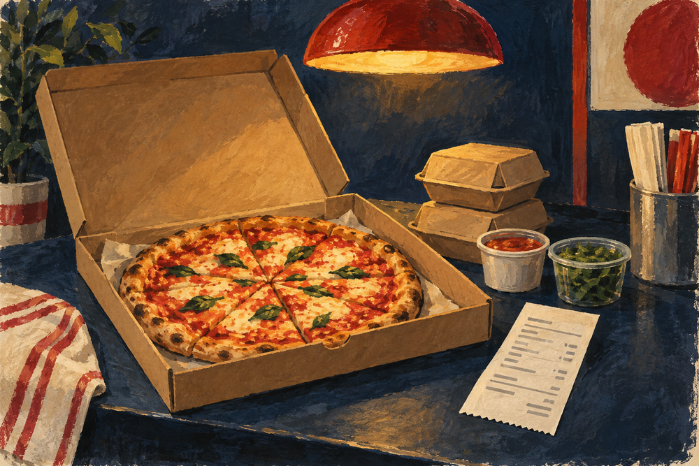 Painted illustration of a pizza box and receipt on a navy counter.