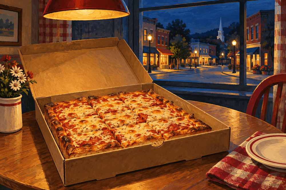 Painted square pizza in an open box beside a window overlooking a small town