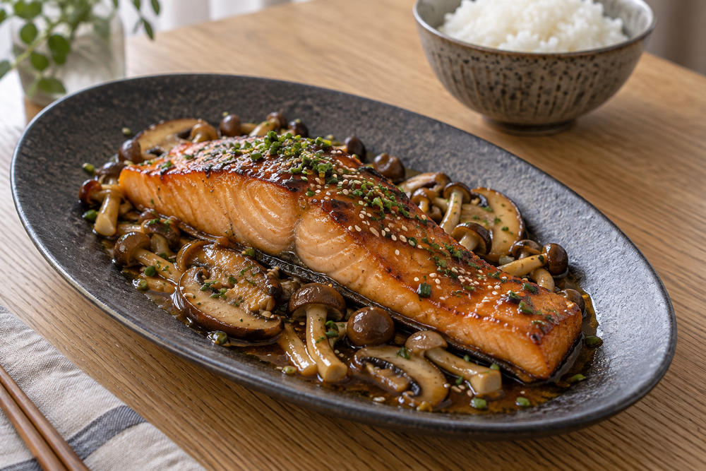 Seared salmon with glazed mushrooms and chives on a dark oval plate.