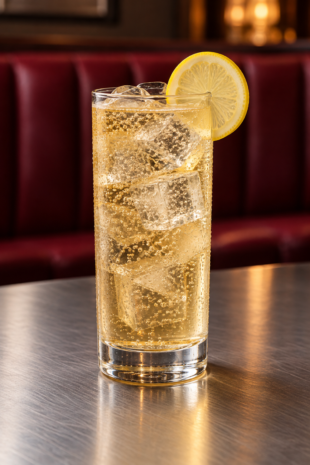 Golden Presbyterian highball with ice and a lemon wheel on a steel counter beside a burgundy booth.
