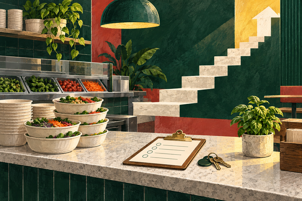Painted restaurant counter with bowls, keys and a training clipboard