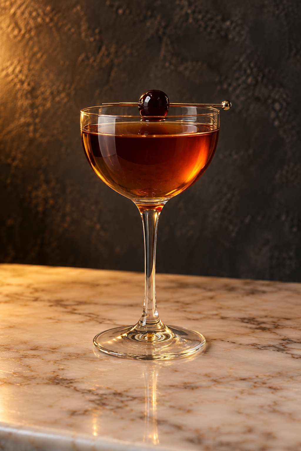 Amber Bijou cocktail with a dark cherry in a Nick and Nora glass on cream marble