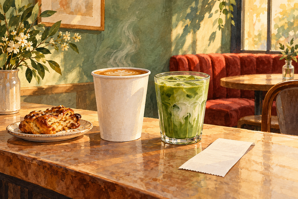 Painted coffee and matcha drinks beside a pastry and blank receipt at a softly lit cafe counter