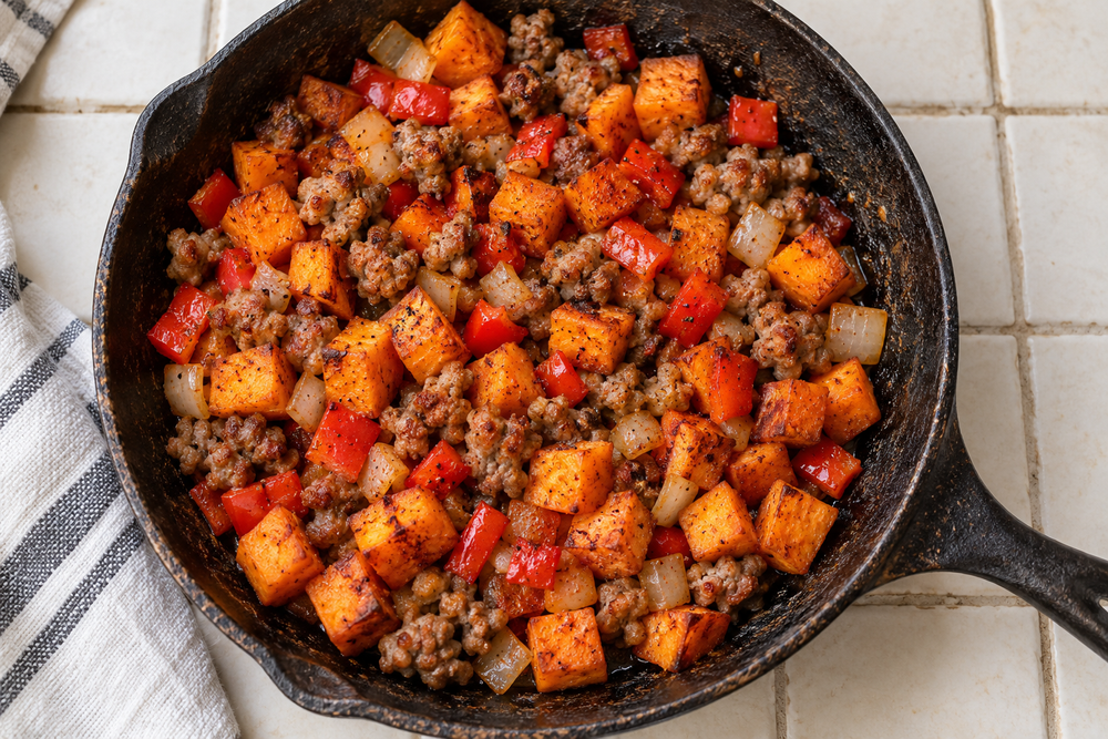 Sweet potato cubes, crumbled sausage, red pepper and onion in a skillet