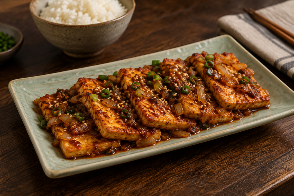 Thin browned tofu slices with red pepper sauce, onions, sesame seeds and scallions on a celadon plate