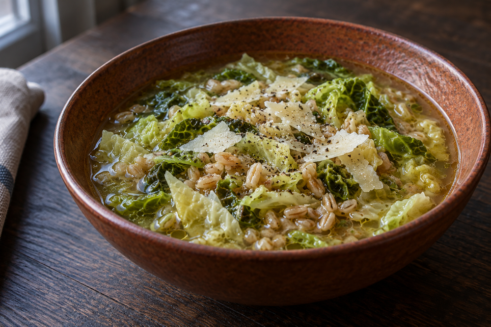 Cabbage and farro soup with shaved Parmesan in a brown ceramic bowl