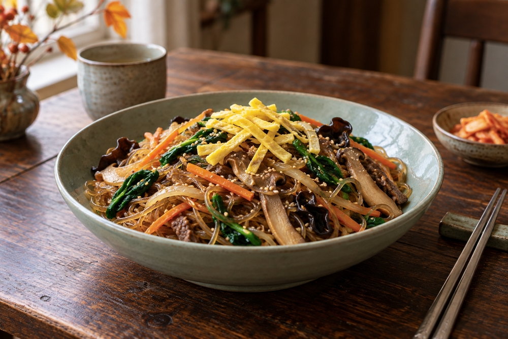 Glossy japchae noodles with mushrooms, spinach, carrots, beef and yellow egg ribbons in a celadon bowl.