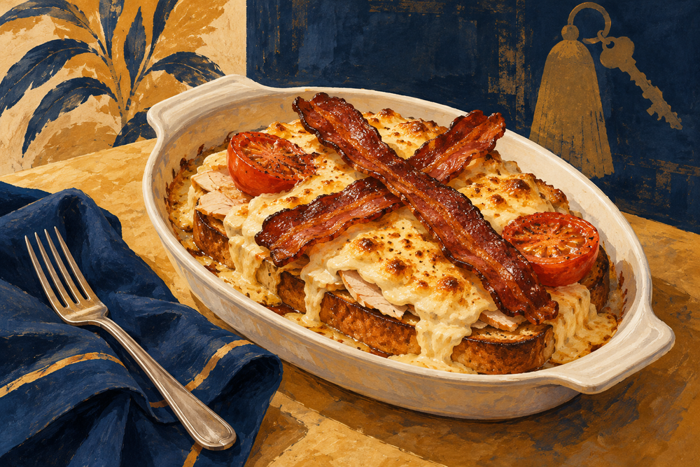Painted open-faced turkey Hot Brown with cheese sauce, crossed bacon and tomatoes in a white dish