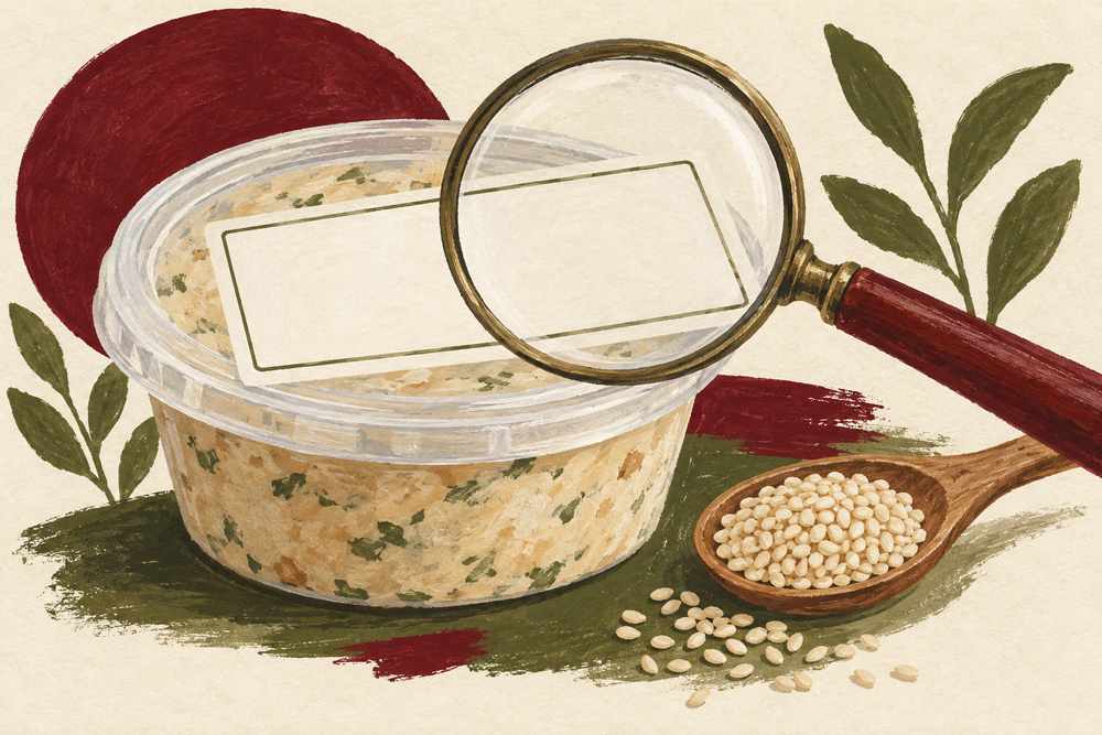Painted illustration of a magnifying glass over a generic food label beside sesame seeds.