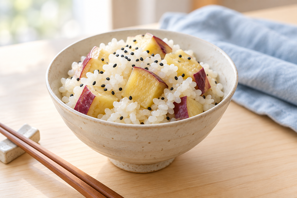 White short-grain rice with yellow sweet potato cubes, purple skin and black sesame
