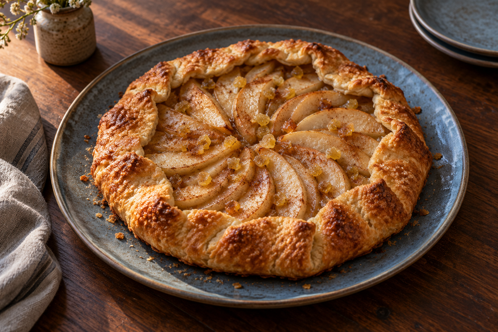 Pear slices and crystallized ginger inside a golden folded pastry crust on a blue platter