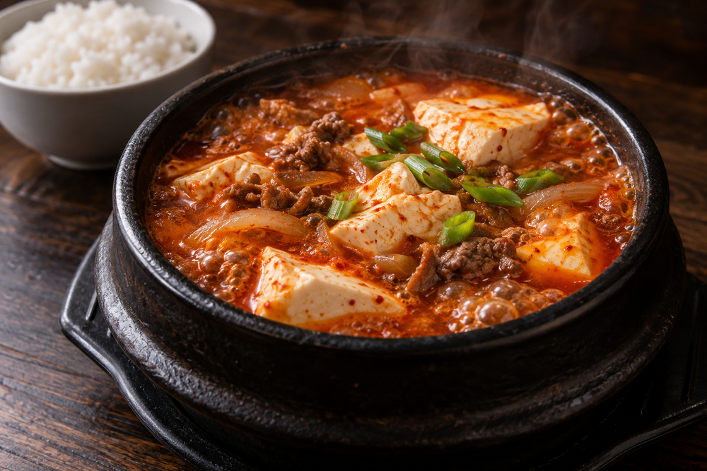 Spicy red beef broth with delicate soft tofu and green onion in a black earthenware bowl