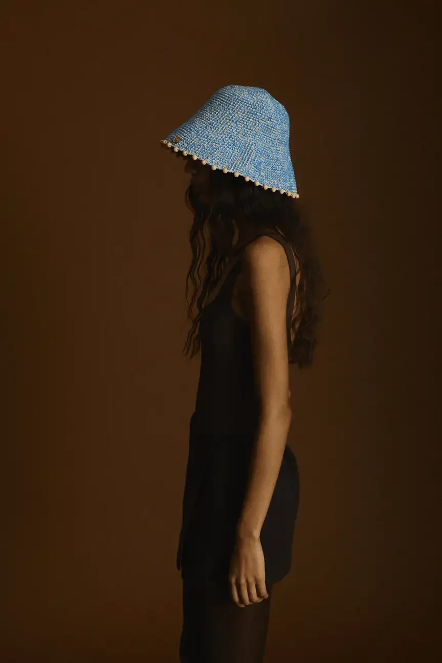 Earth Age Helix Wooden Brim Azure handmade crochet hat at Goosebump