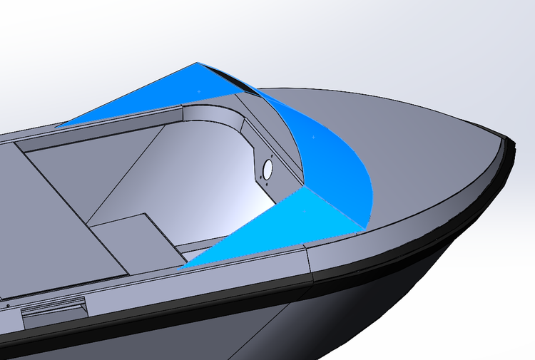 Diagram highlighting the curved windscreen above the bow