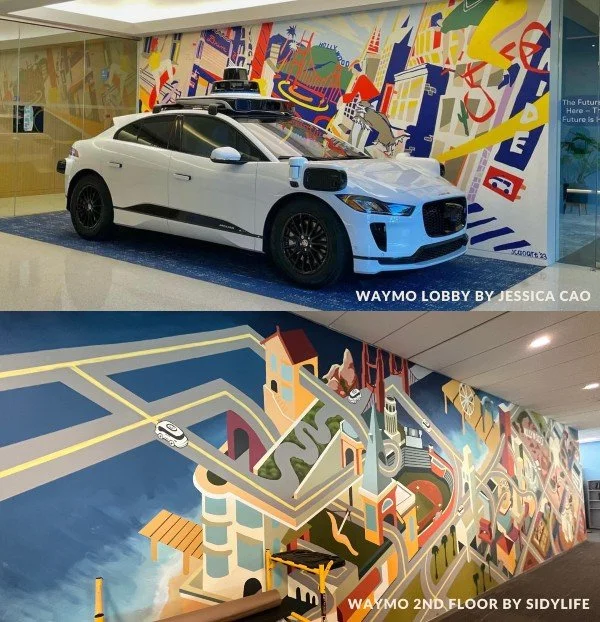 Completed mural designs by Jessica Cao (top) and Sidylife, on display at Waymo's offices in Mountain View.