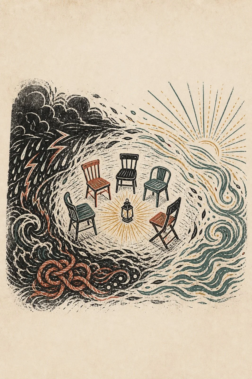 Linocut illustration of chairs gathered around a lantern, with storm clouds giving way to light