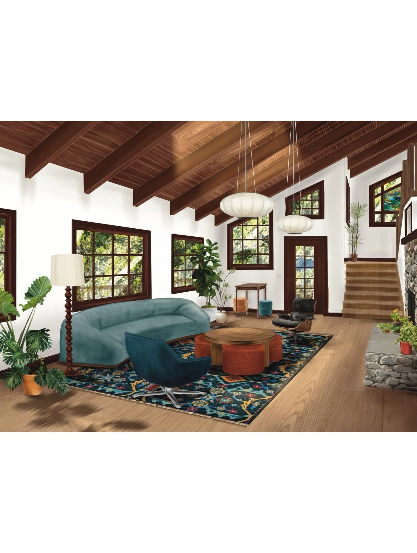 Living-room design rendering with timber beams, teal seating, art, and a patterned rug.