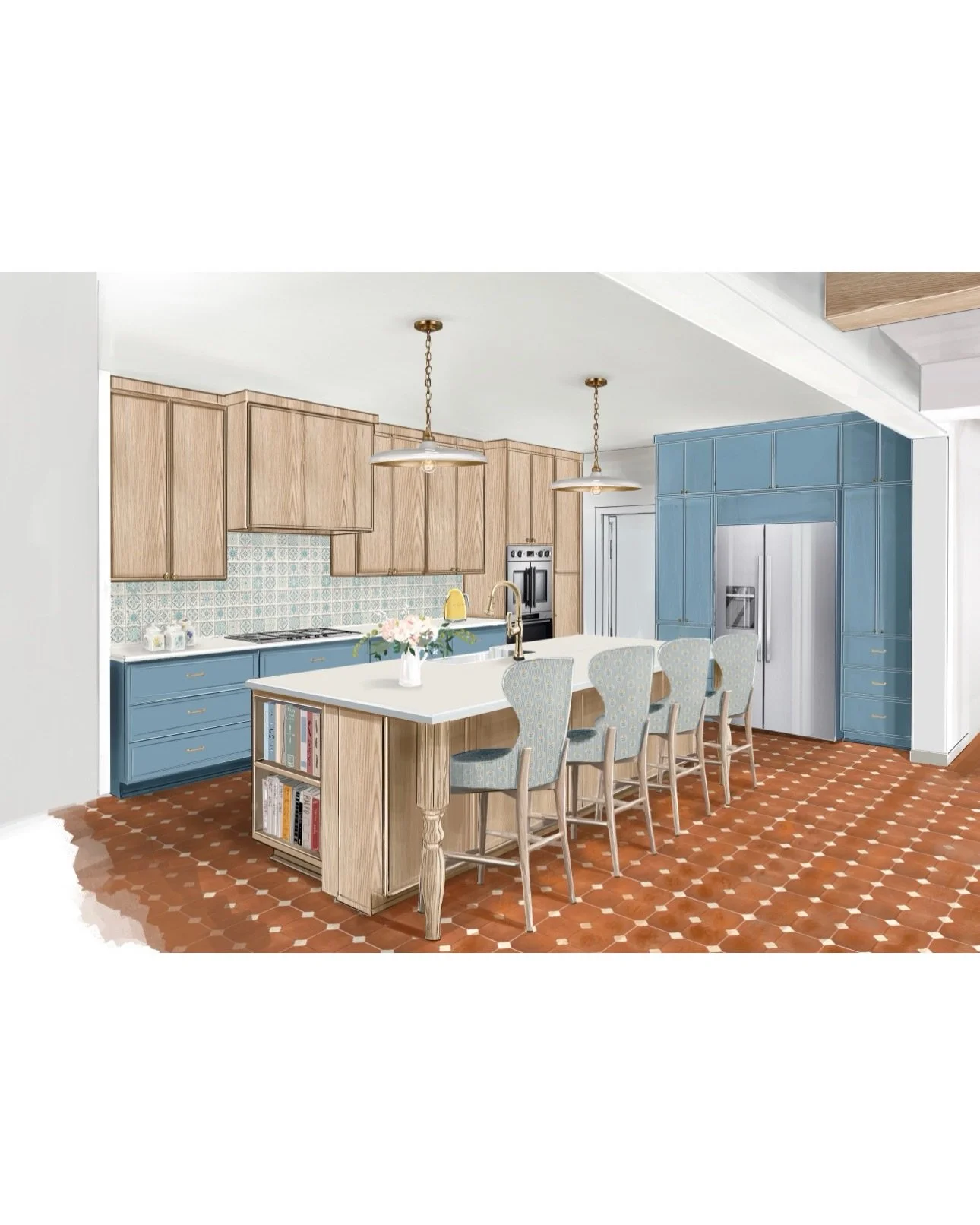 Kitchen design rendering with wood cabinets, blue cabinetry, a pale island, and terracotta flooring.