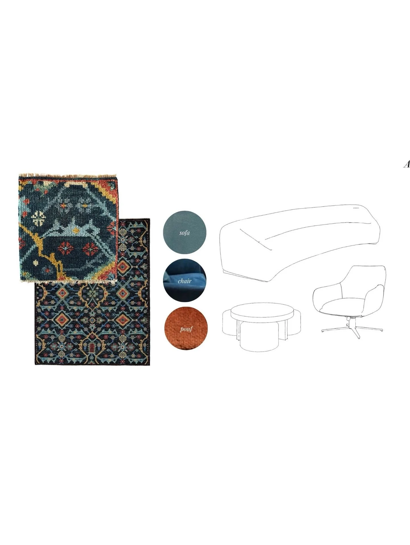 Interior design palette combining a patterned rug, fabric samples, paint colors, and a furniture outline.