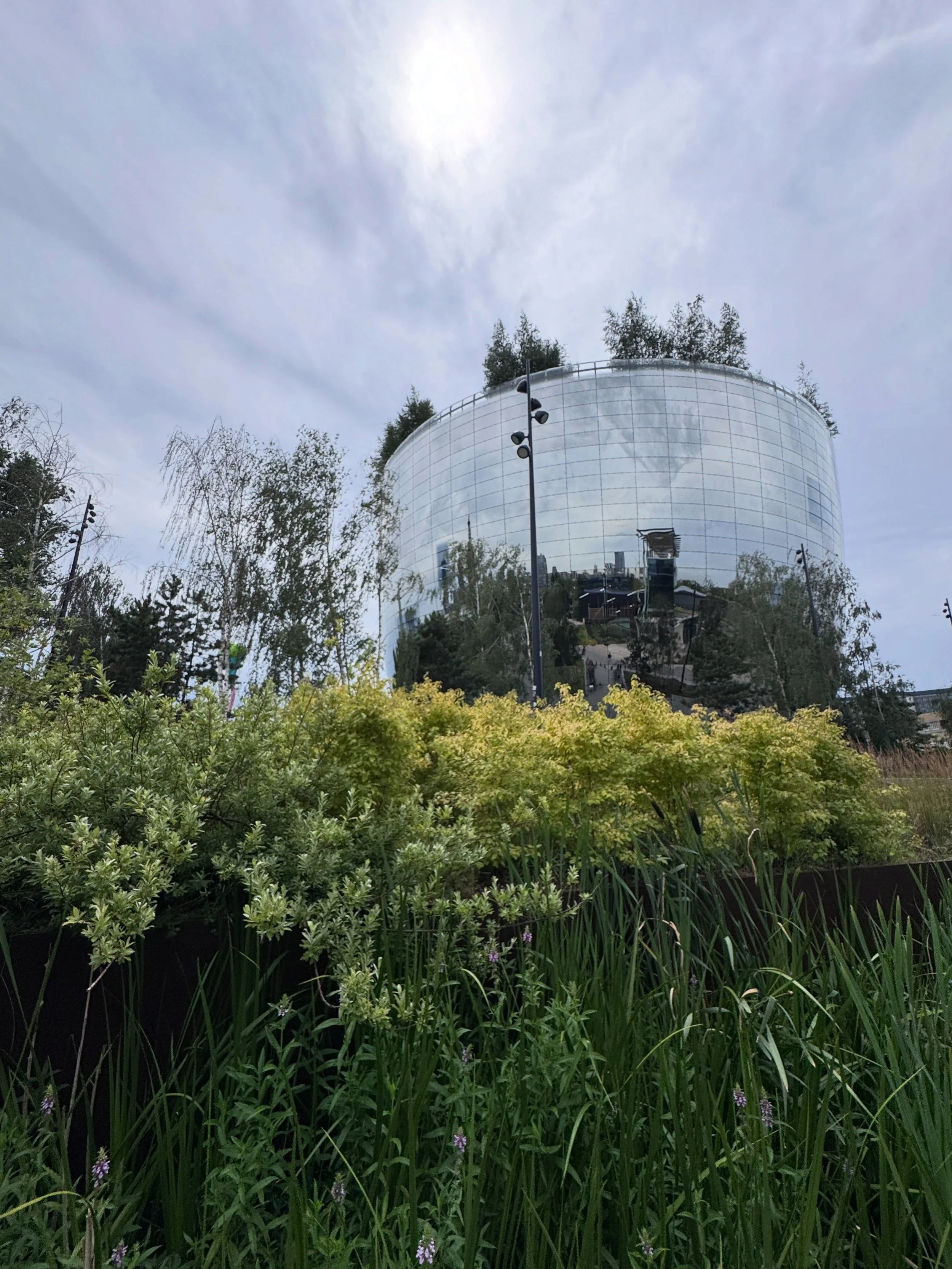 Mirrored exterior of Depot Boijmans Van Beuningen above trees and planting in Rotterdam.