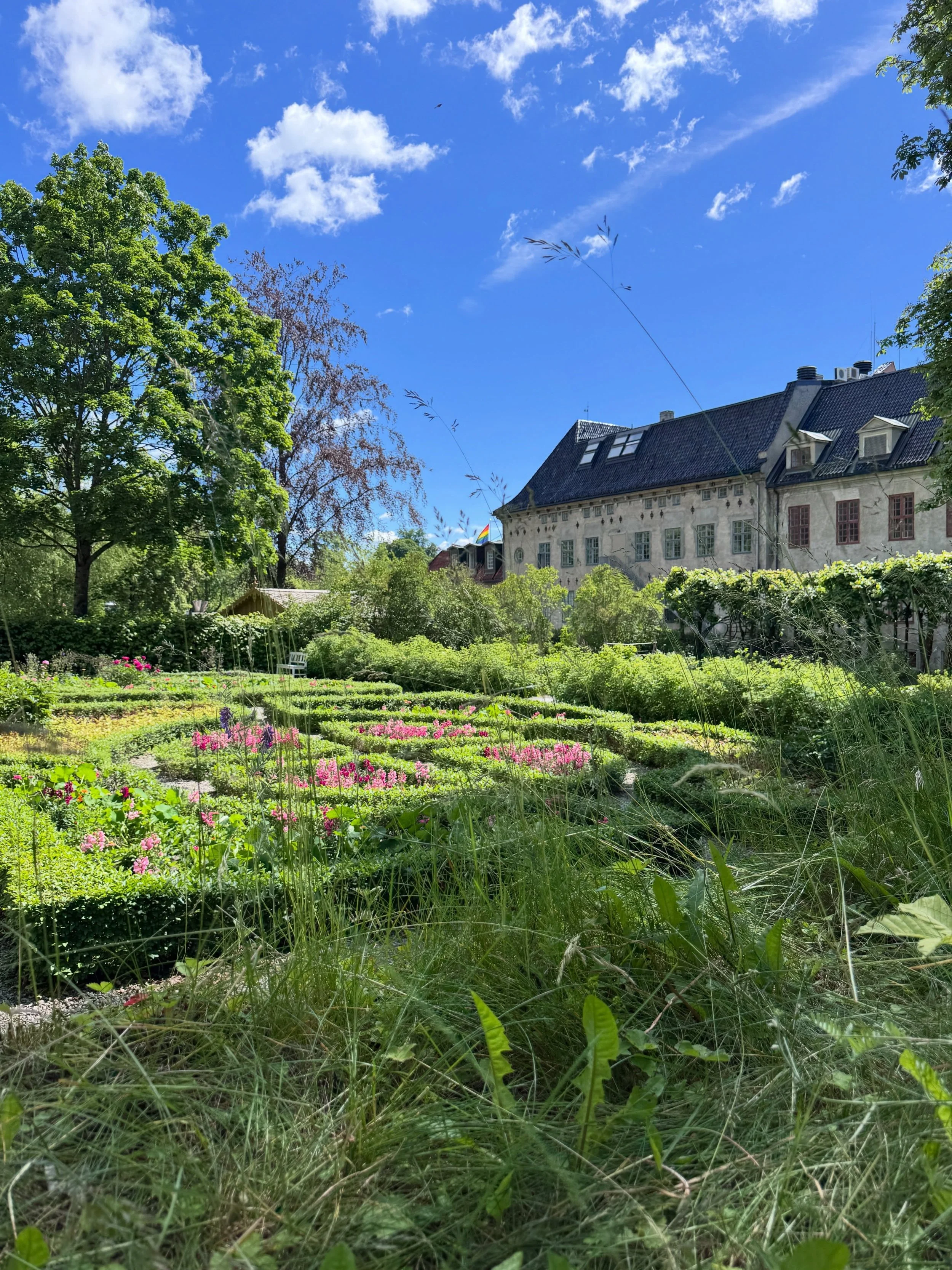 Formal planted garden beneath a pale historic building in Oslo.