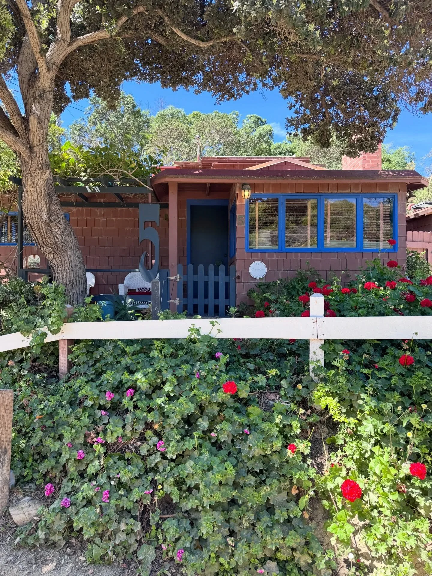 Preserved cottage with colorful window frames, red trim, flowering plants, and a small garden in coastal California.