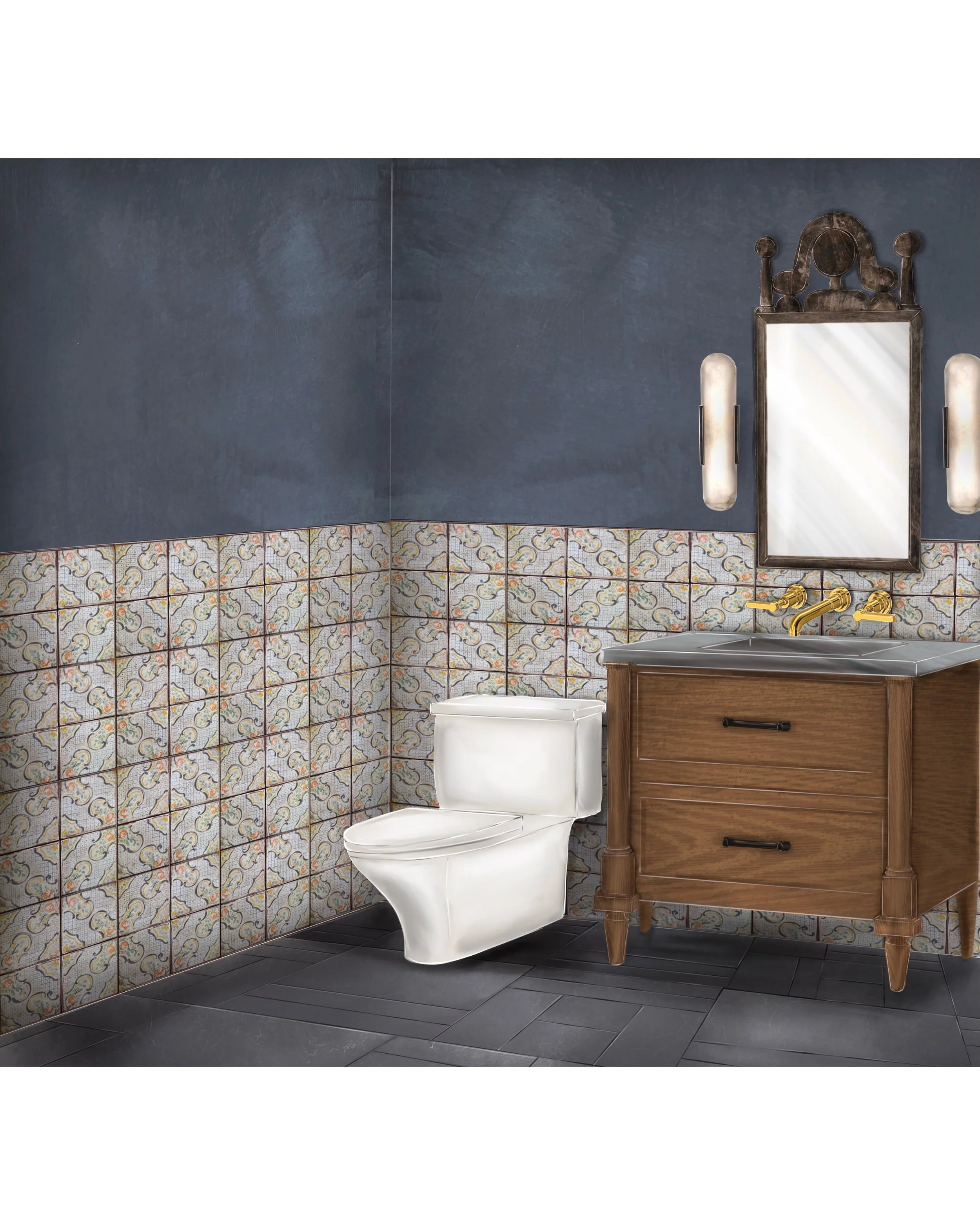 Powder room with deep blue walls, patterned tile wainscoting, wood vanity, and white toilet.