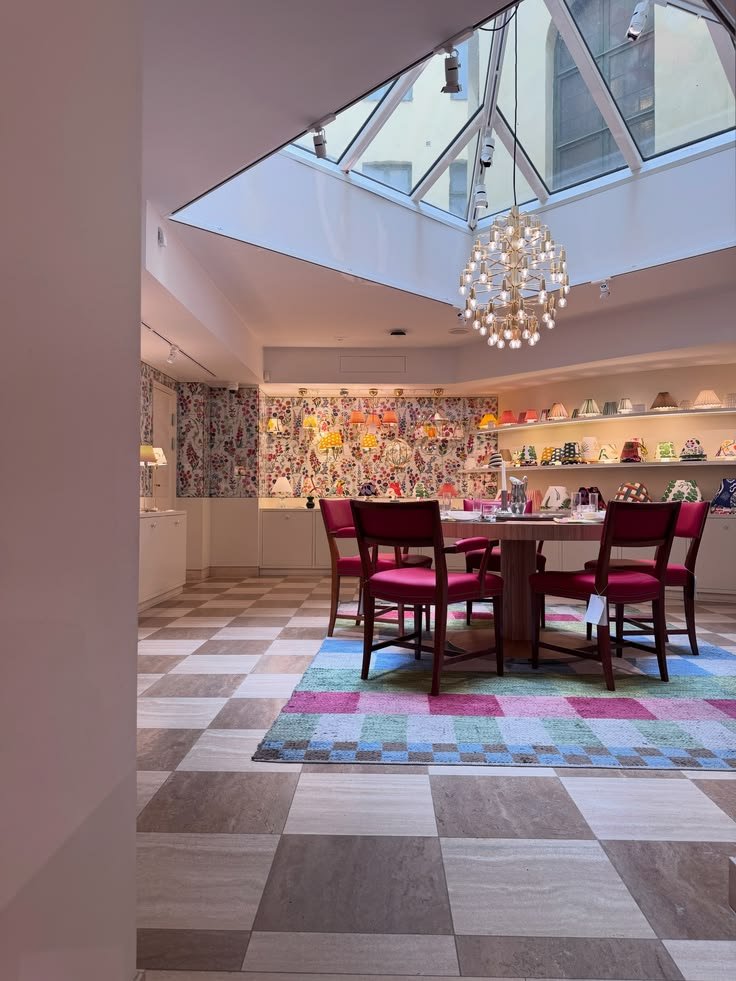 Skylit dining room with a checkerboard floor, colorful rug, red chairs, and brass chandelier at Svenskt Tenn.