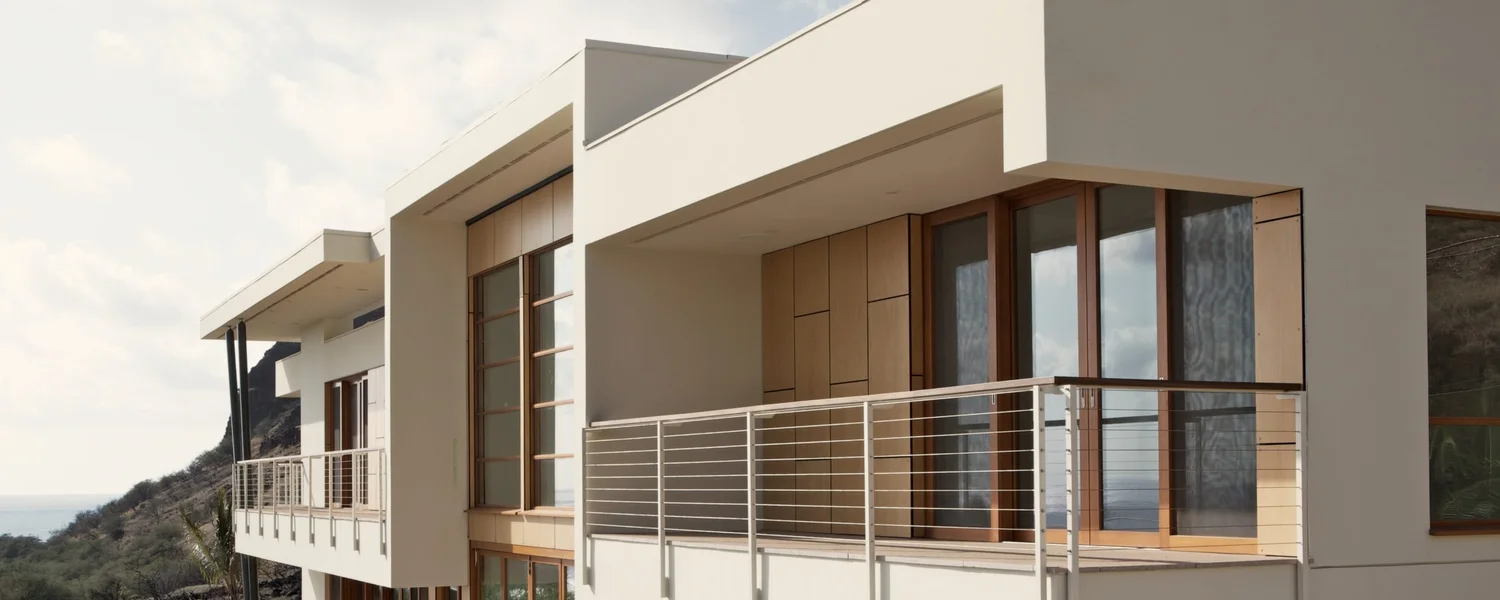 White stepped volumes with deep soffits and timber-framed windows, red cliffs and ocean beyond