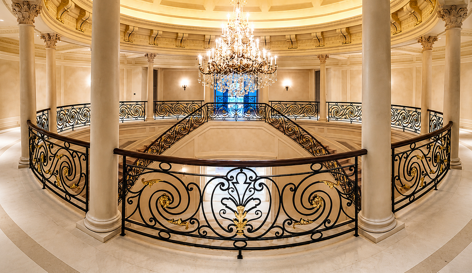 Grand balcony and chandelier with forged metalwork