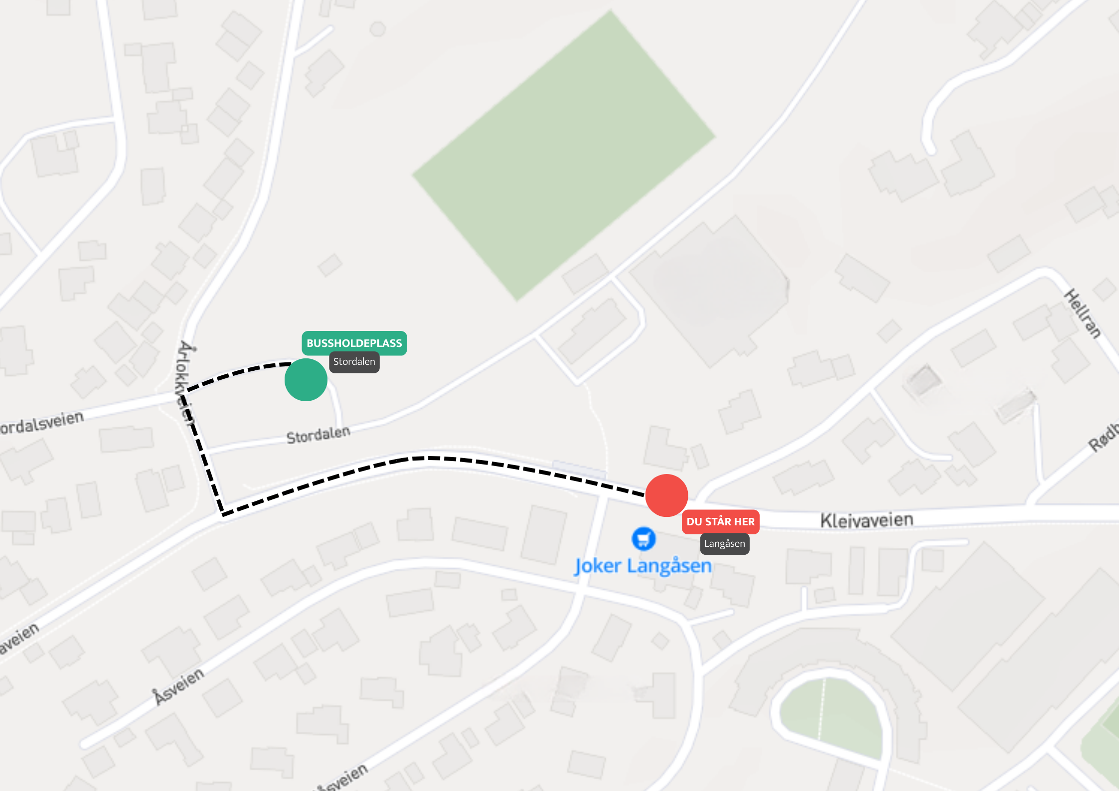 Kart som viser gangvei fra Langåsen til holdeplassen Stordalen