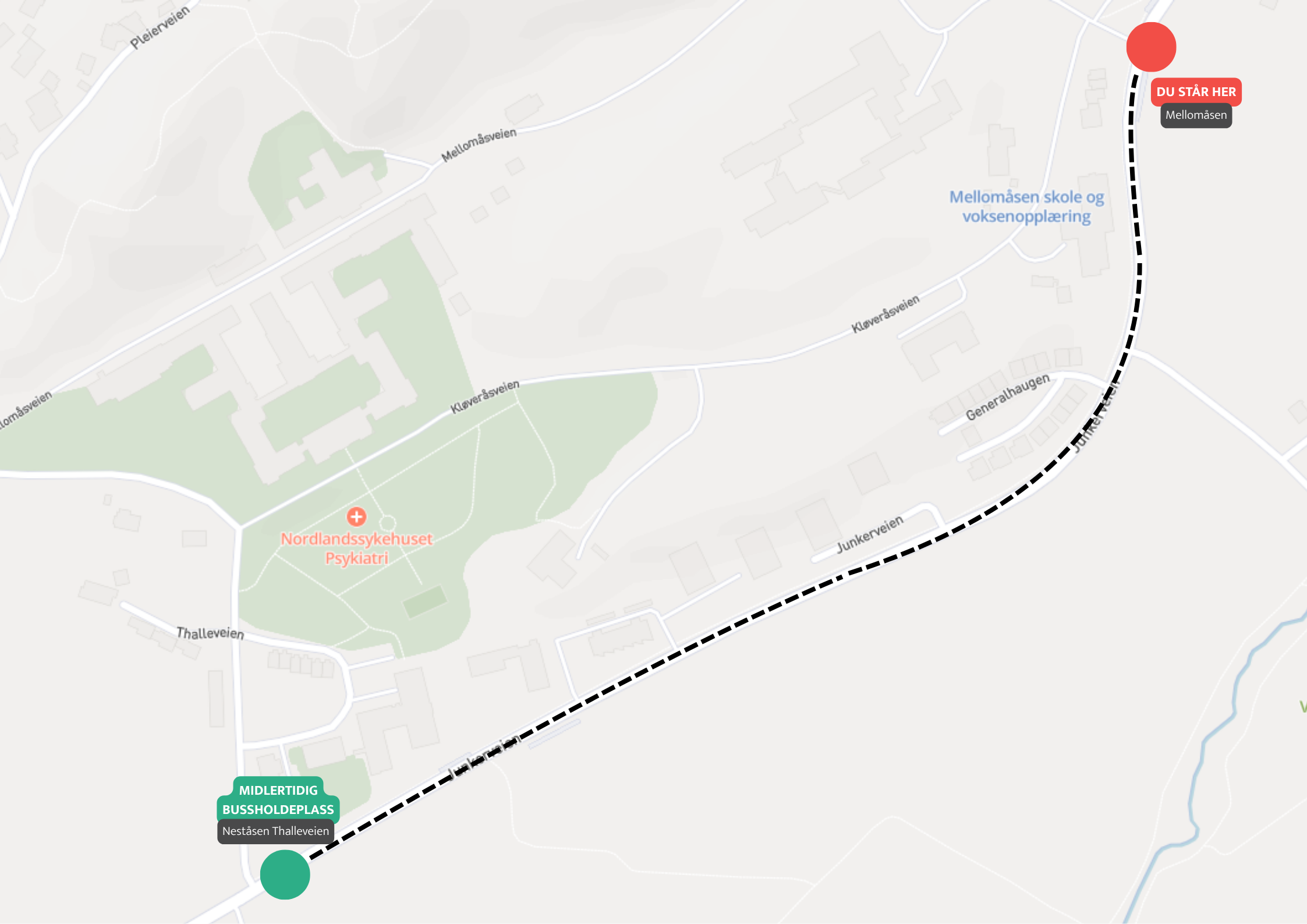 Kart som viser gangvei fra Mellomåsen til Neståsen Thalleveien