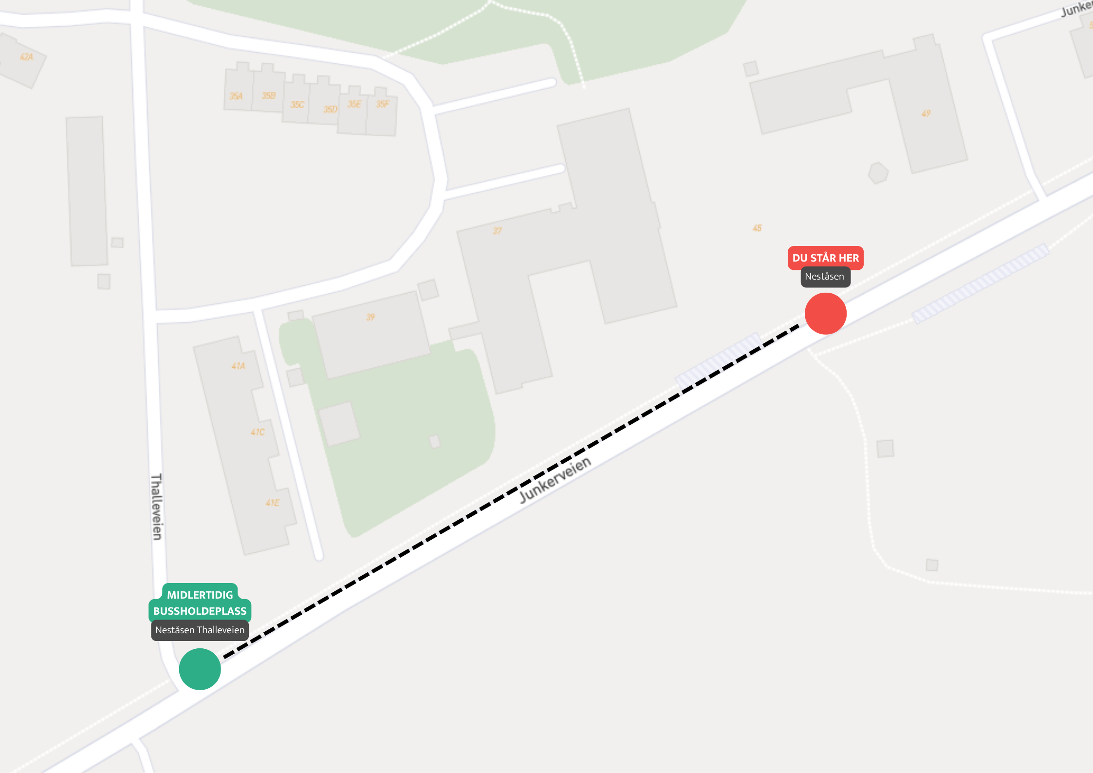 Kart som viser gangvei fra Nesteåsen til Neståsen Thalleveien