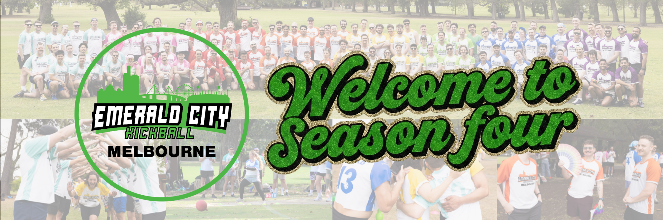 Emerald City Kickball Melbourne - Welcome to Season Four. Group photo of kickball players at Fawkner Park with ECKB logo.