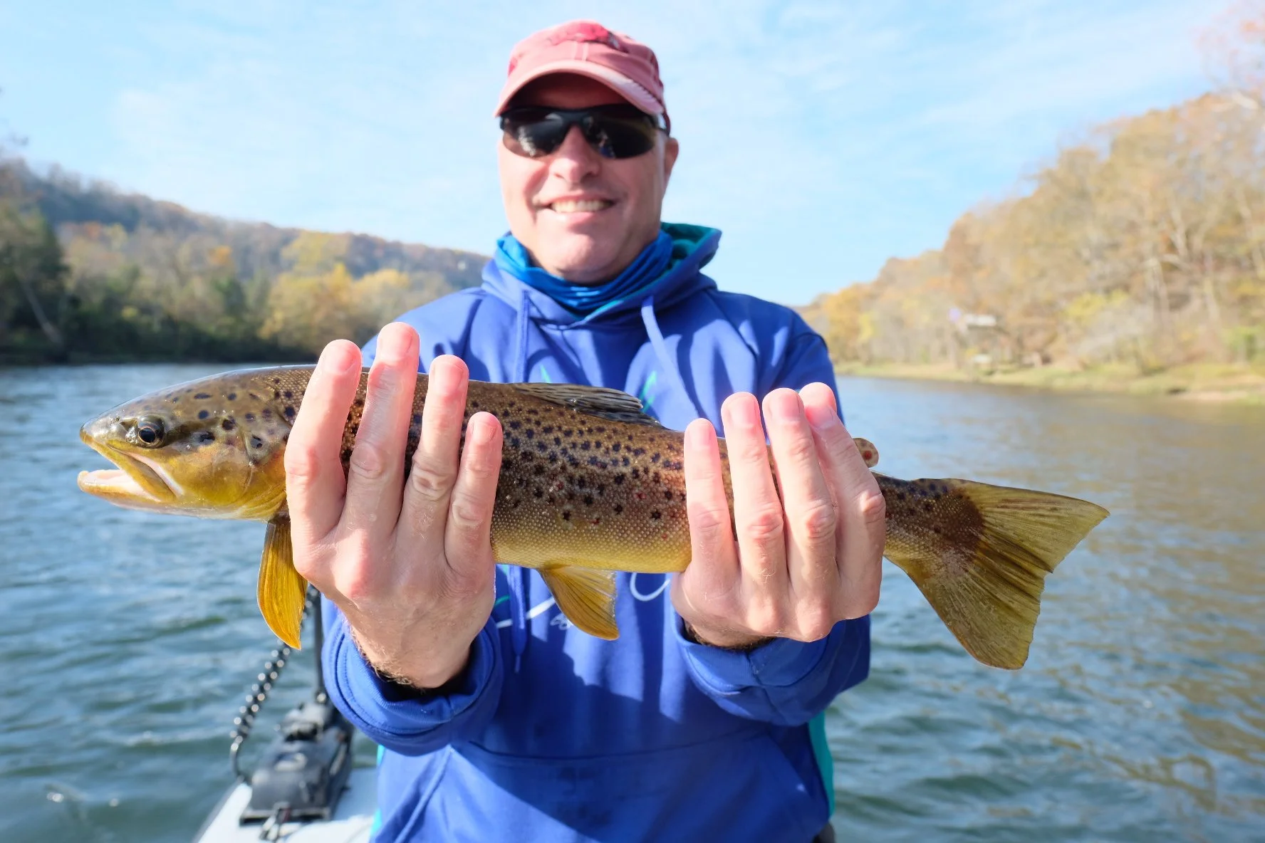 Angler holding a brown trout caught on the Little Red River