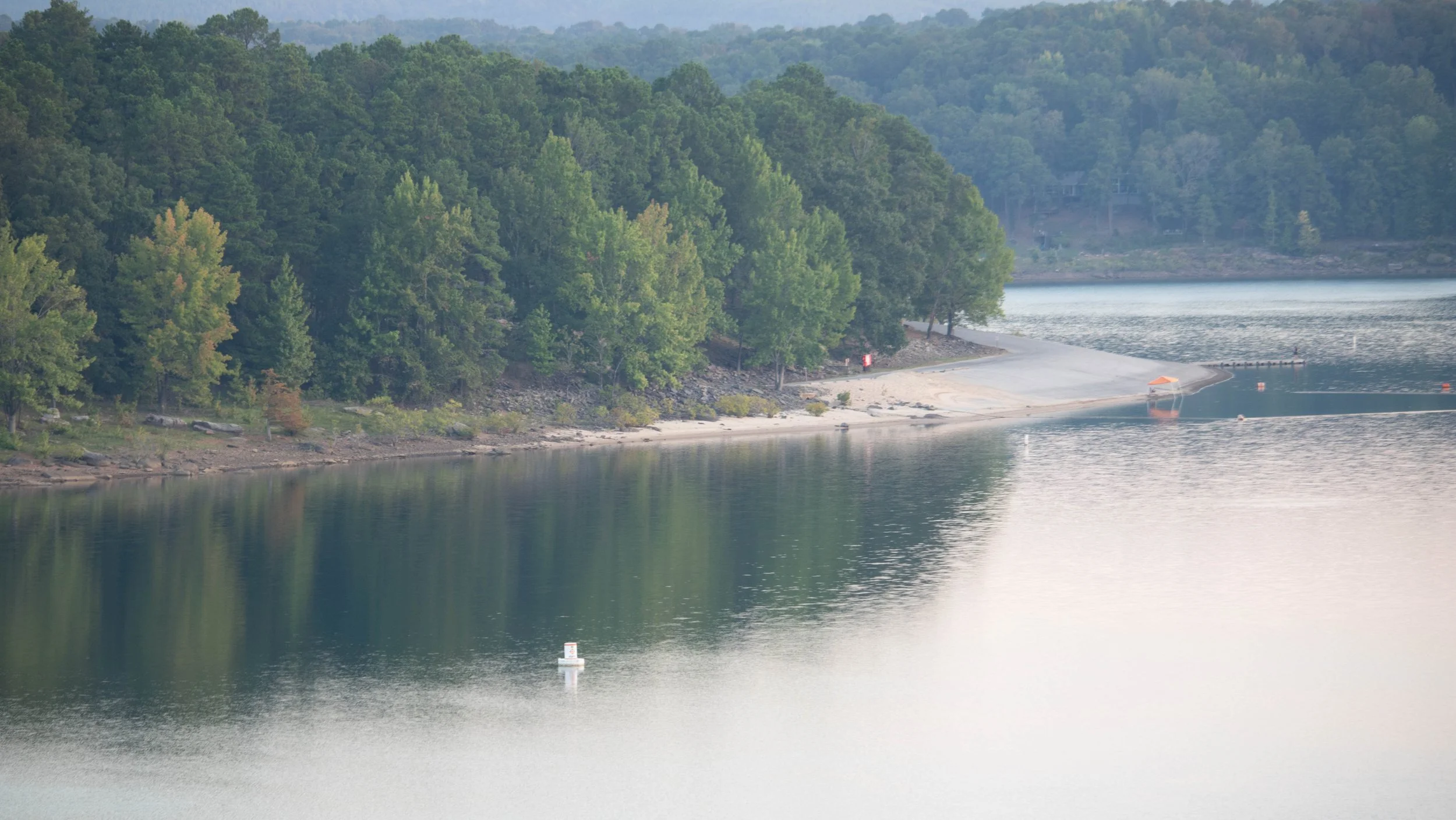 Wide view of the shoreline and tree line along the river