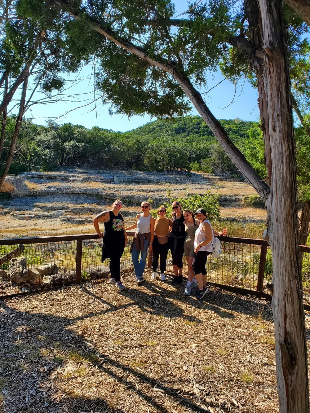 Six walkers posing together at a fenced overlook under a cedar tree