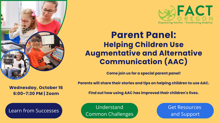 Parent panel on AAC. Images show three children using AAC devices.