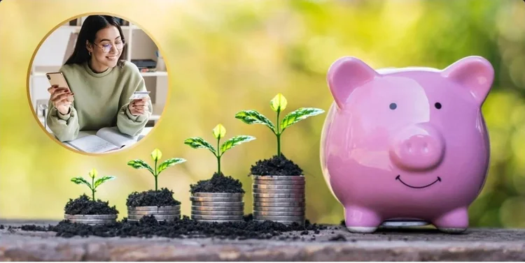 A graphic with a pink piggy back and a stack of coins with plants growing on them. A girls looks down at her credit card and holds a phone.