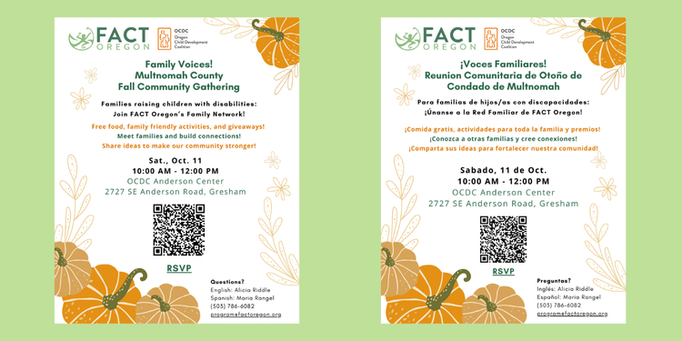 Flyer for a family gathering event in Multnomah County on Oct 11 . Image has FACT Oregon and OCDC logos with pumpkins. Click to go to the webpage with more info