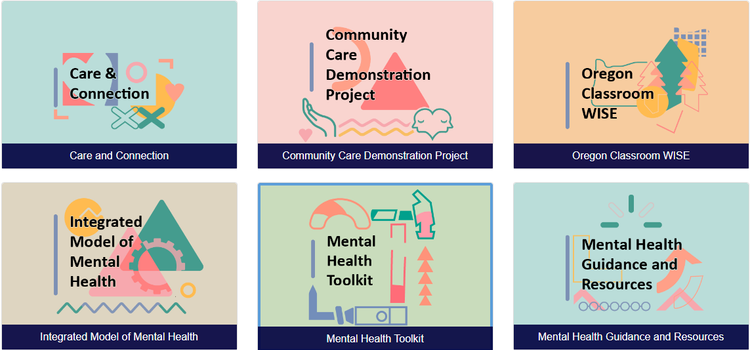 Colorful blocks with names of mental health resources from ODE's website.