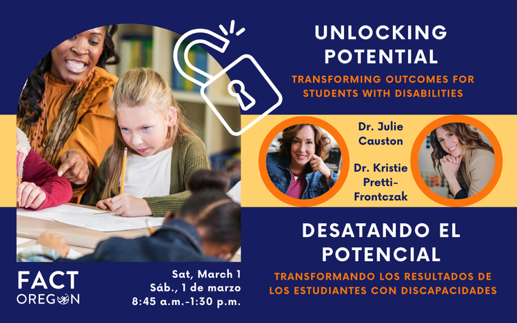 A teacher sits with students as they do worksheets. Text reads Unlocking Potential: Transforming Outcomes for Students with Disabilities.