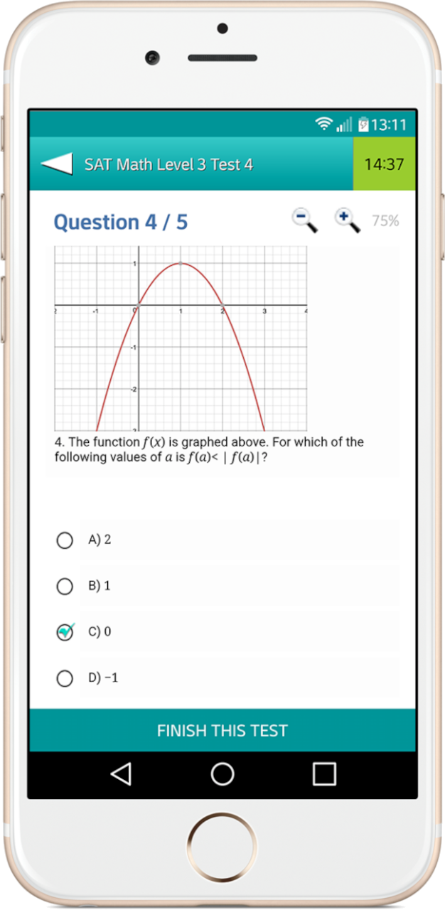 Test Me! app screens: SAT/ACT practice and audio listening lessons