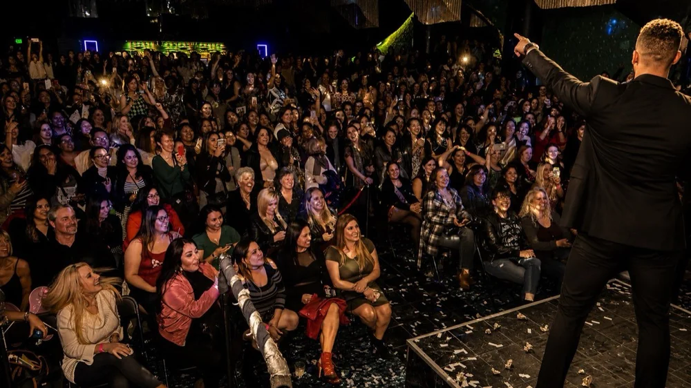 A performer points out over the crowd