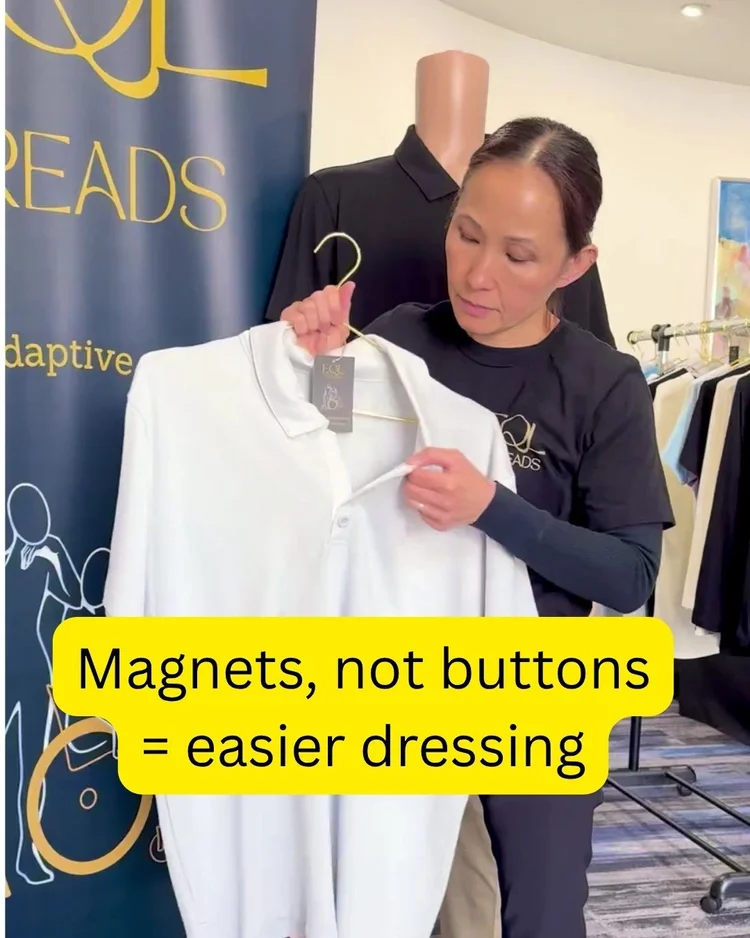 EQL Threads Reel cover showing a shirt with magnets in place of buttons for easier dressing