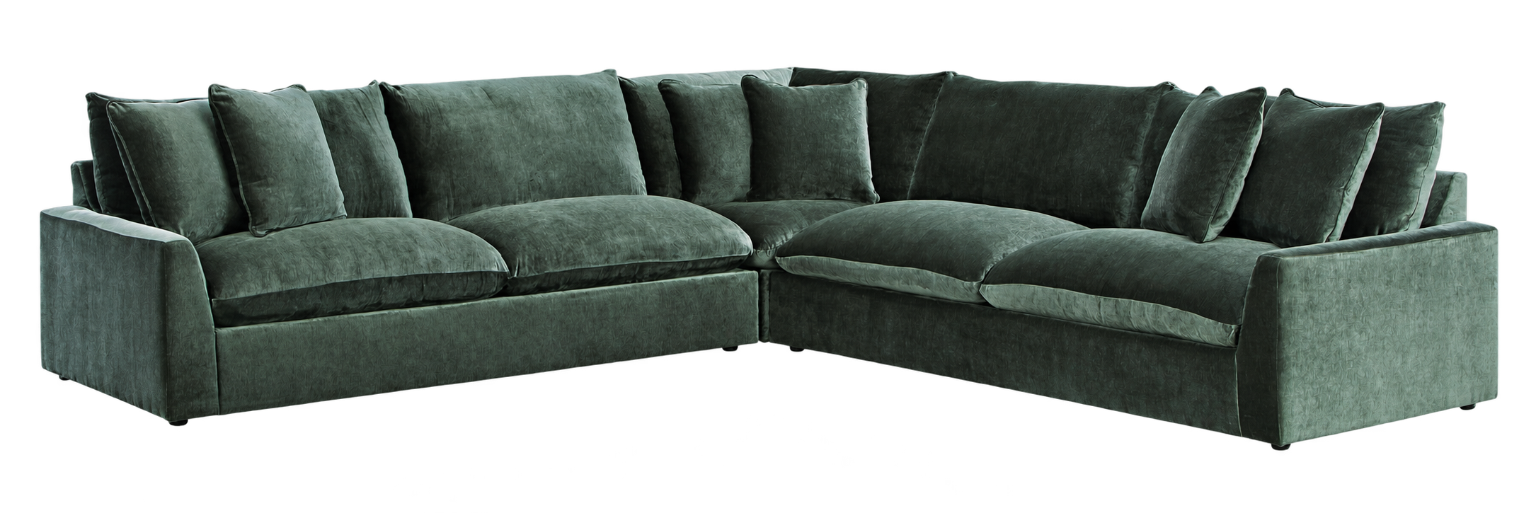 Green three-piece corner sectional with plush cushions