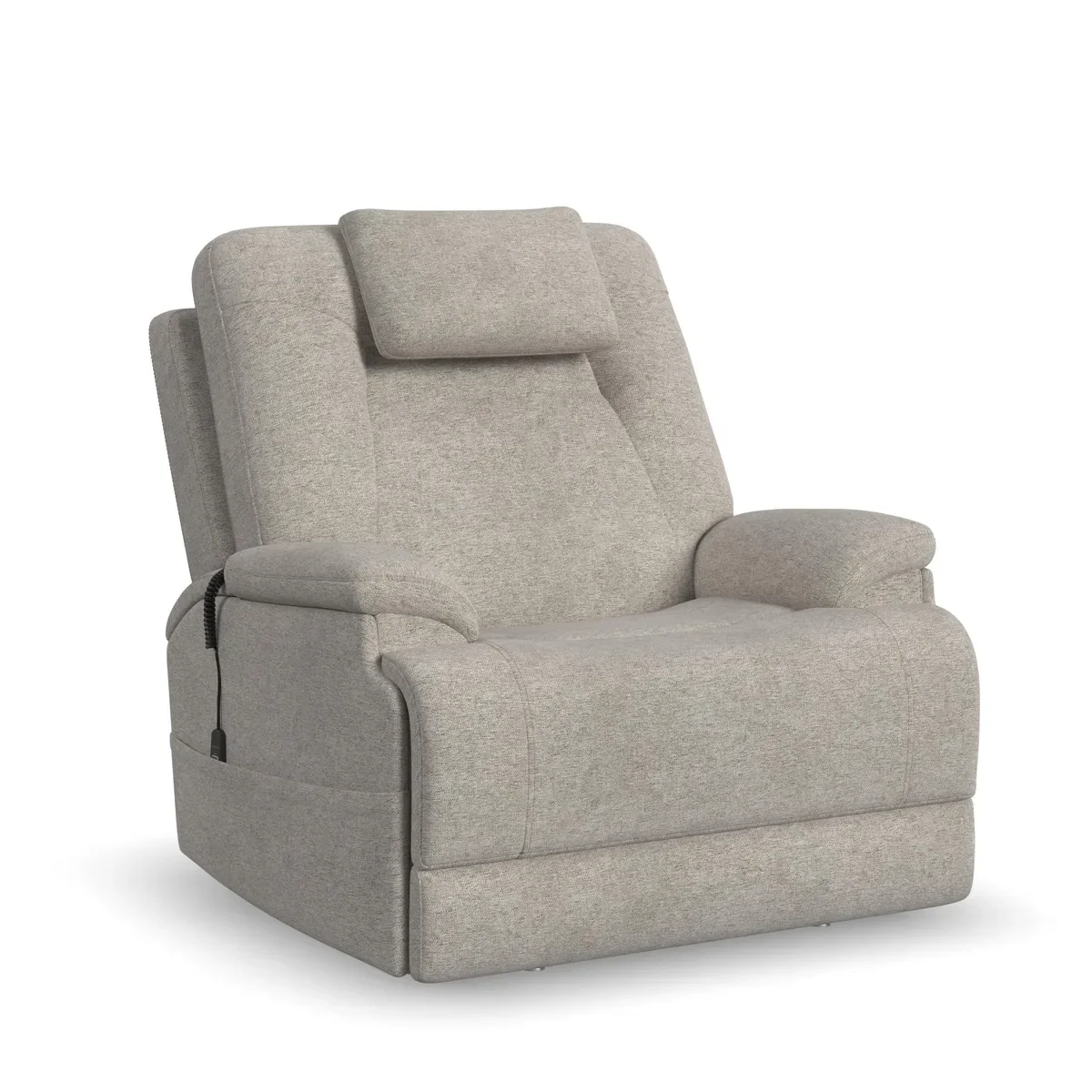 Flexsteel Zecliner Model 4+ power lift recliner in Shell fabric, upright, seen from the front at an angle